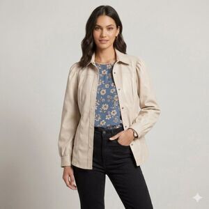 Blank NYC Faux Leather Puff Sleeve Shacket Shirt Jacket Cream Beige Women's XS